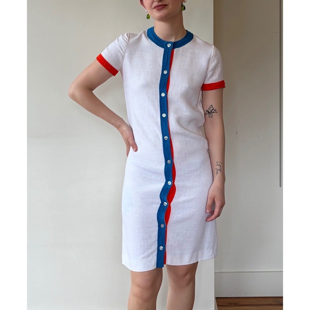 Vintage 70s Jamison Boutique White Colorblock Mod Shift Dress Contrast Size 20